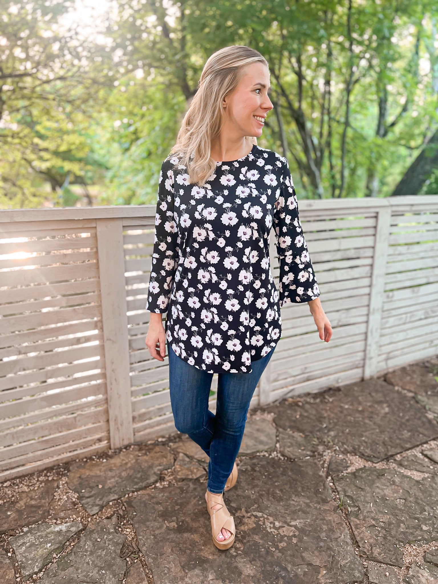 Lorelei White Floral Bell Sleeve Top - Ribbons and Spice Boutique