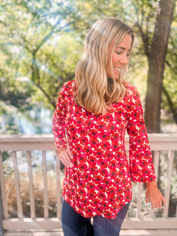 Darla Red Hibiscus Print Bell Sleeve Top