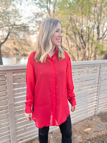 Contemporary Collection Red Sheer Chiffon Button Up - Ribbons and Spice Boutique