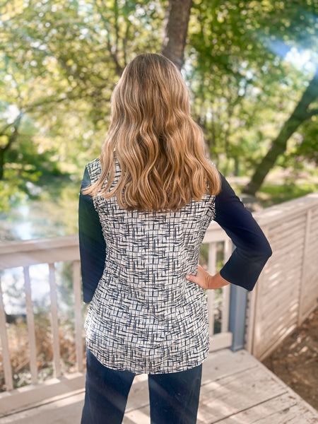 Hellen Navy Geometric Stitch Print Top