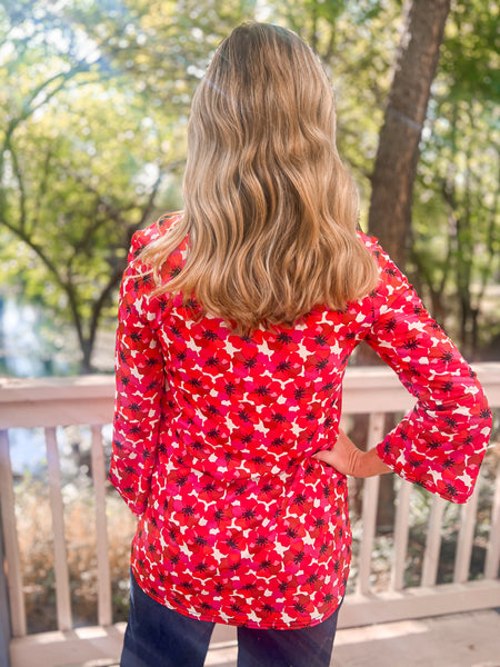 Darla Red Hibiscus Print Bell Sleeve Top