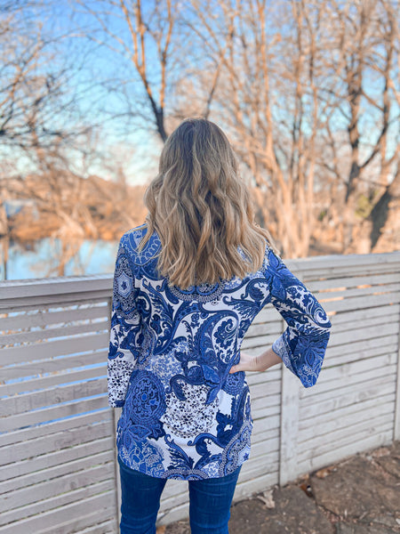 Hope Blue Paisley Bell Sleeve Top - Ribbons and Spice Boutique