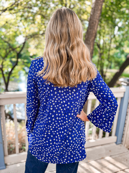 Stacy Cobalt Blue Daisy Print Bell Sleeve Top