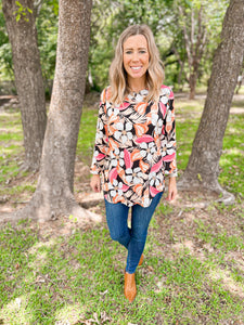 Lennon Coral and Peach Floral Bell Sleeve Top - Ribbons and Spice Boutique