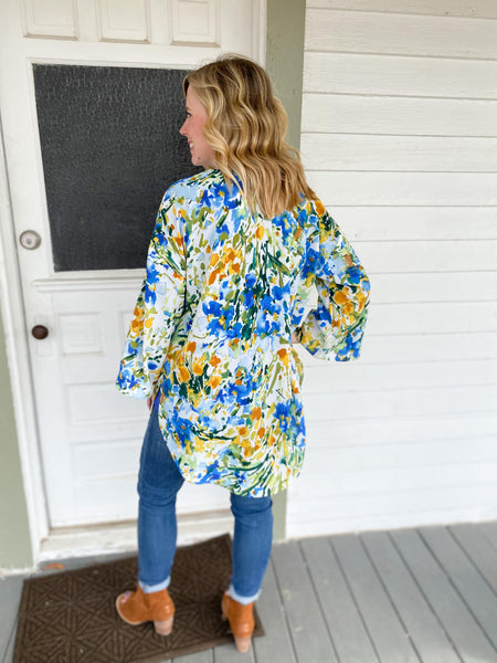 Kate Blue and Yellow Floral Kimono - Ribbons and Spice Boutique