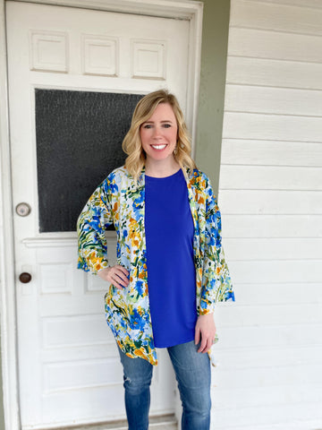 Kate Blue and Yellow Floral Kimono - Ribbons and Spice Boutique