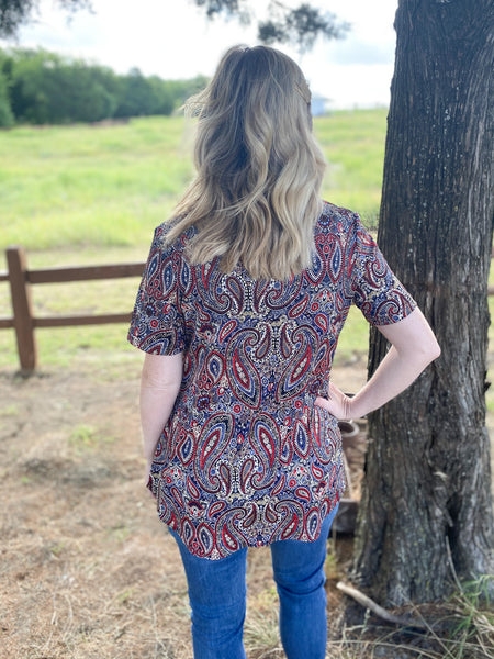 Lauren Blue and Red Paisley Short Sleeve Top - Ribbons and Spice Boutique