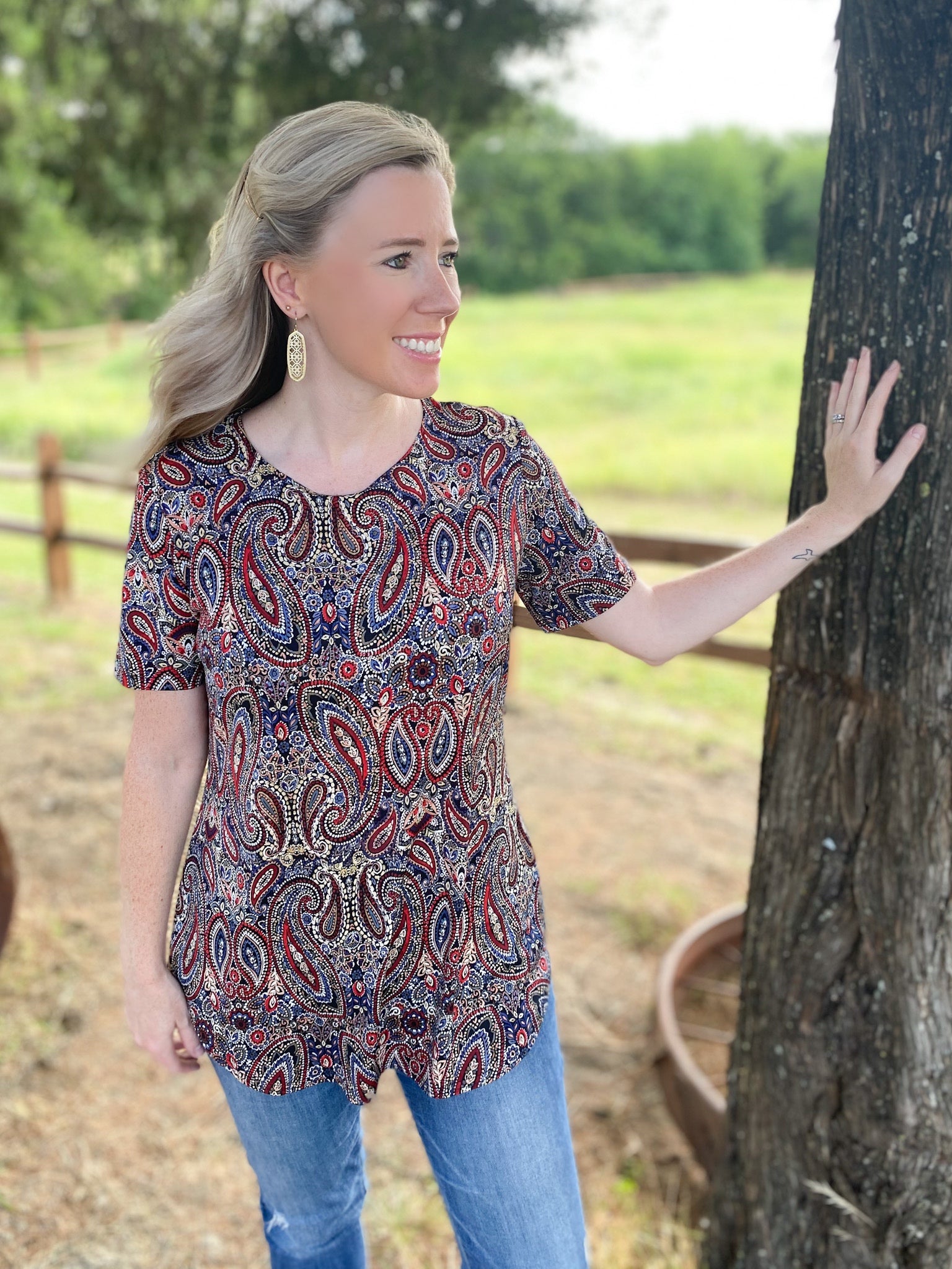 Lauren Blue and Red Paisley Short Sleeve Top - Ribbons and Spice Boutique