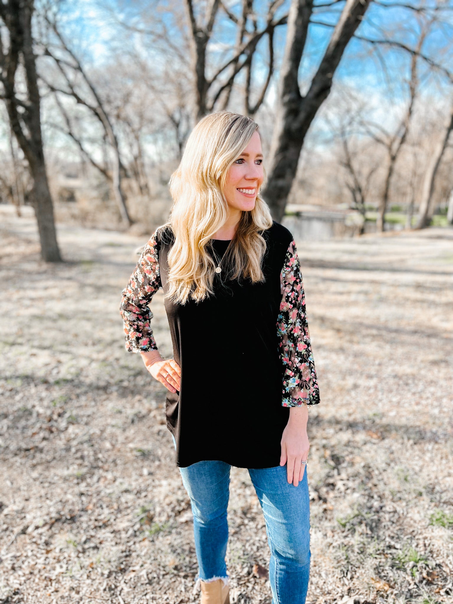 Remi Black Top With Stretch Lace Floral Sleeve - Ribbons and Spice Boutique