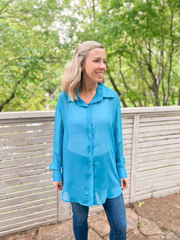 Contemporary Collection Turquoise Sheer Chiffon Button Up - Ribbons and Spice Boutique