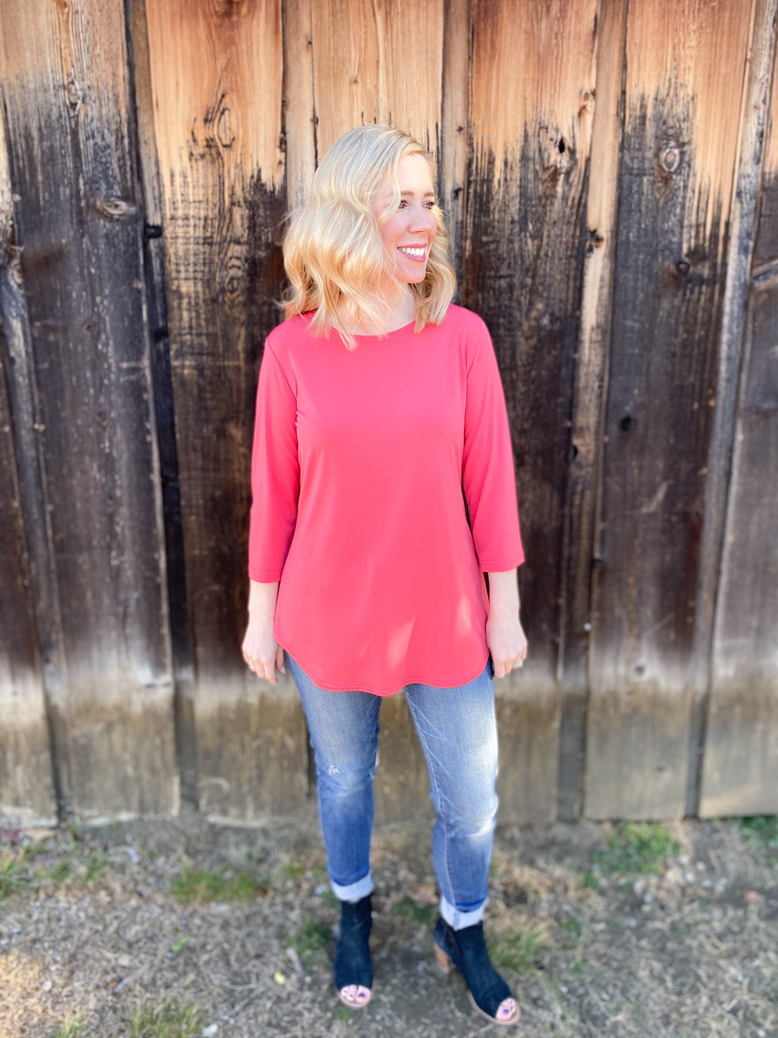 Allison Coral 3/4 Sleeve Solid Top - Ribbons and Spice Boutique