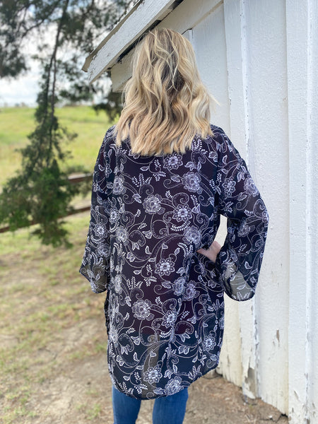 Sabrina Black and White Paisley Kimono - Ribbons and Spice Boutique