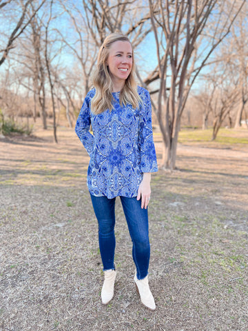 Aria Blue Paisley Bell Sleeve Top - Ribbons and Spice Boutique