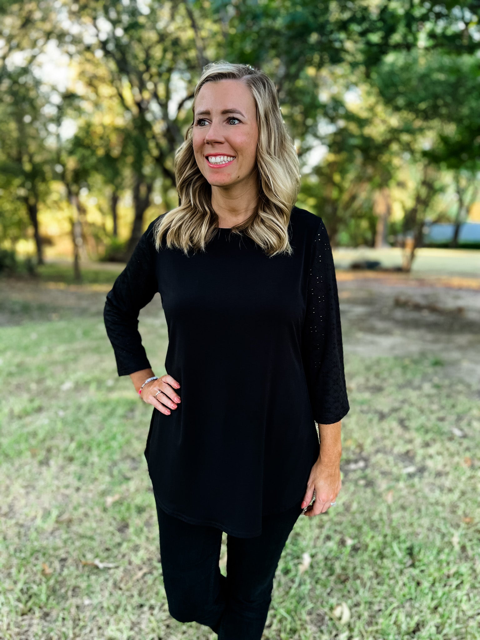 Hallie Black Eyelet Knit Sleeve Top - Ribbons and Spice Boutique