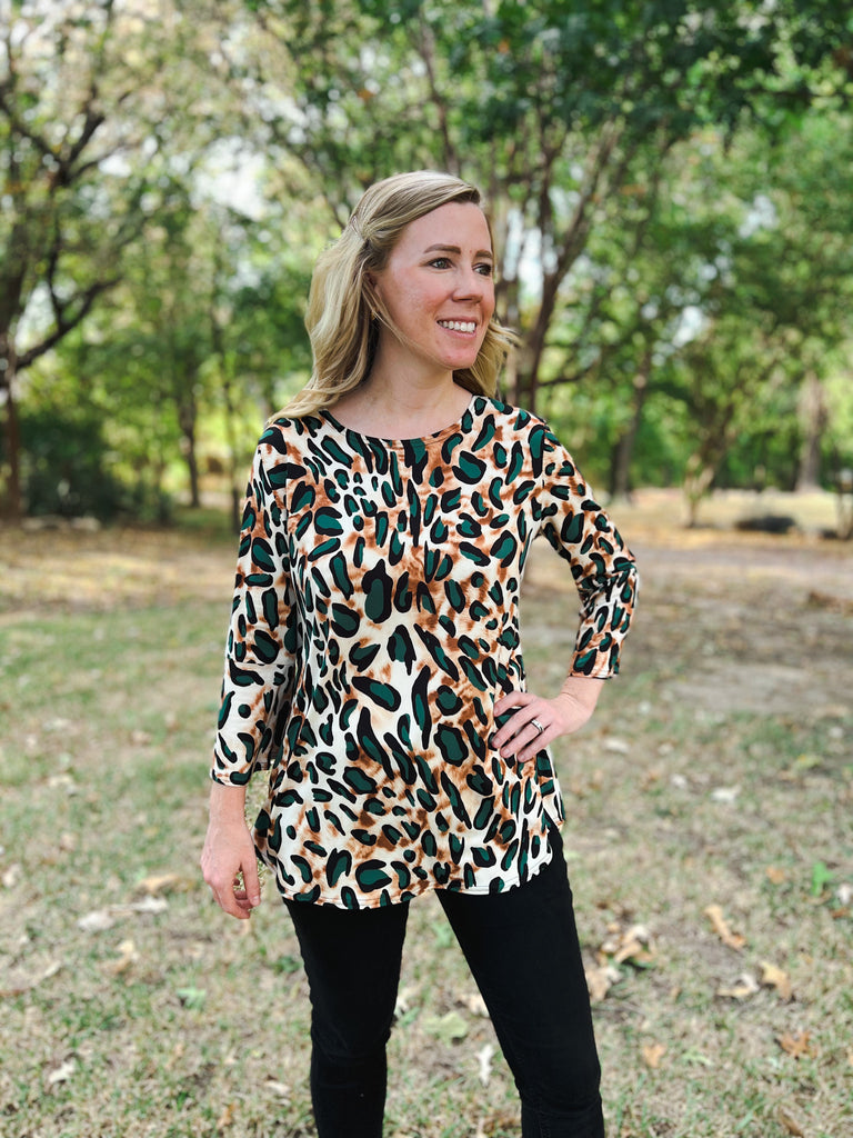 Naomi Teal Green Cheetah Print Bell Sleeve Top | Ribbons and Spice Boutique