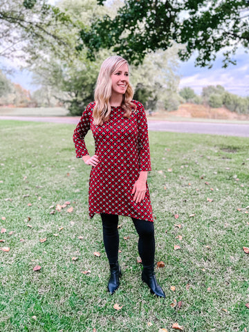 Paris Deep Red Floral Pattern Tunic - Ribbons and Spice Boutique