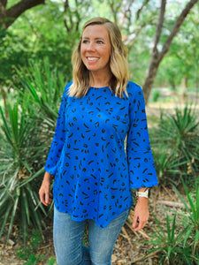 Kendall Blue and Black Bell Sleeve Top - Ribbons and Spice Boutique