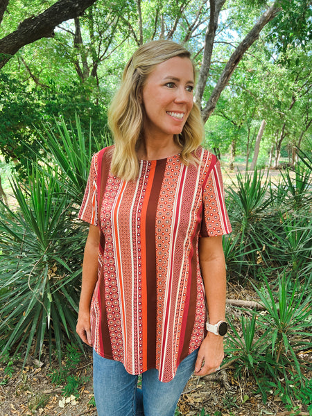 Martha Red and Rust Geometric Short Sleeve Top - Ribbons and Spice Boutique