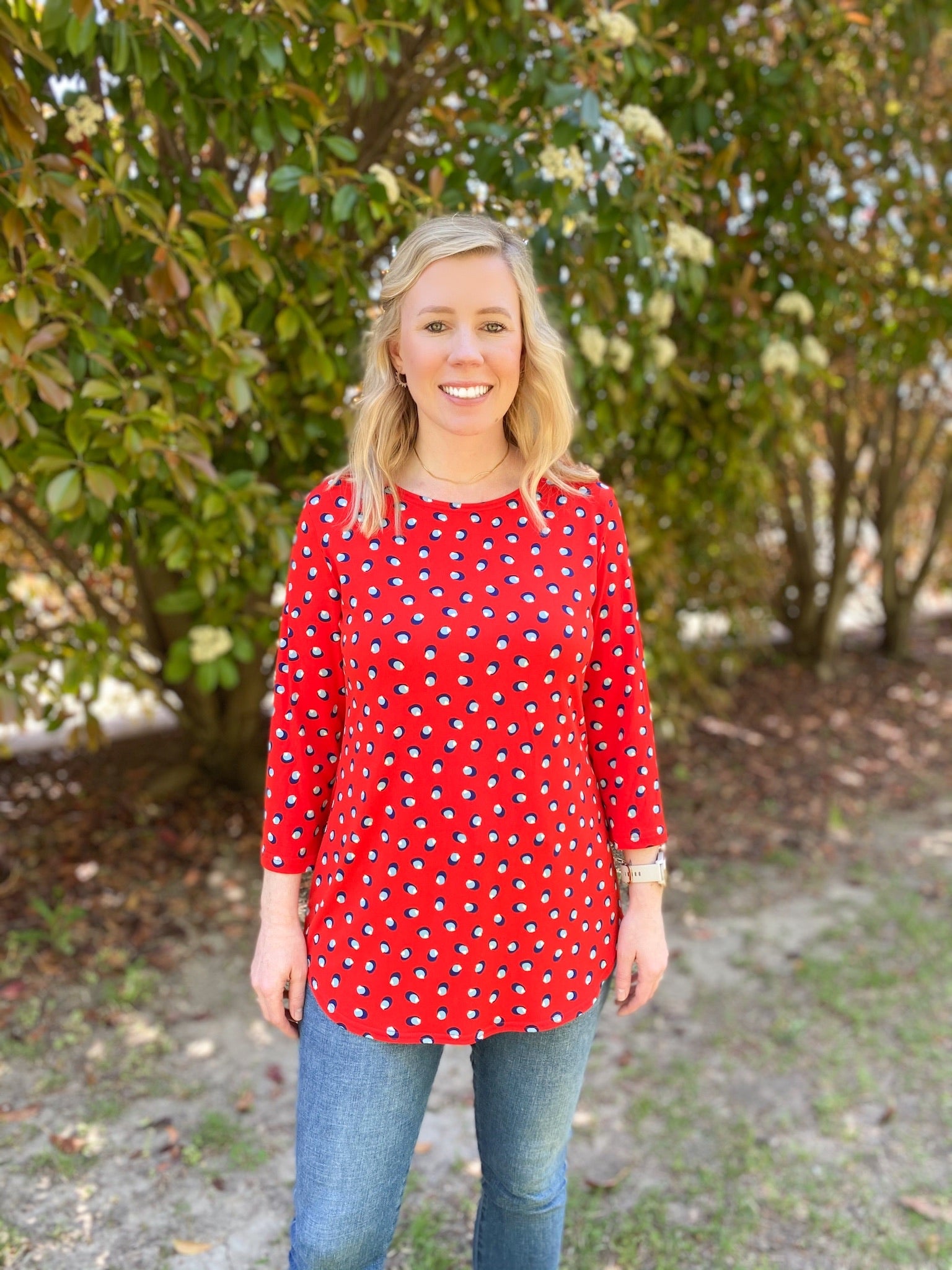 Hattie Red Top With Blue Accents - Ribbons and Spice Boutique