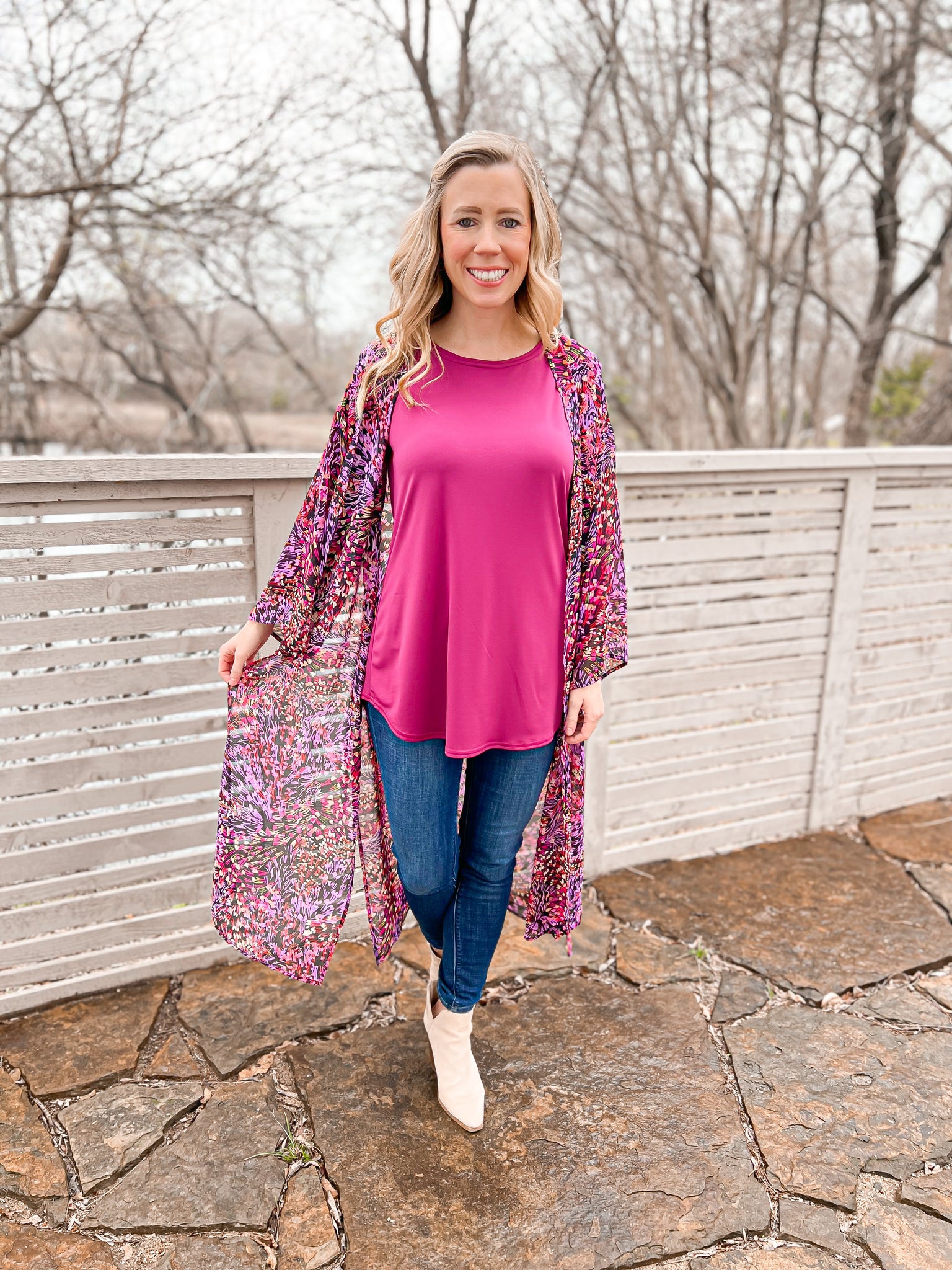 Kiara Purple and Pink Floral Long Kimono - Ribbons and Spice Boutique