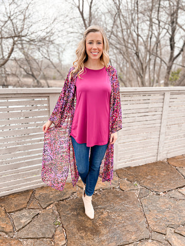 Kiara Purple and Pink Floral Long Kimono - Ribbons and Spice Boutique