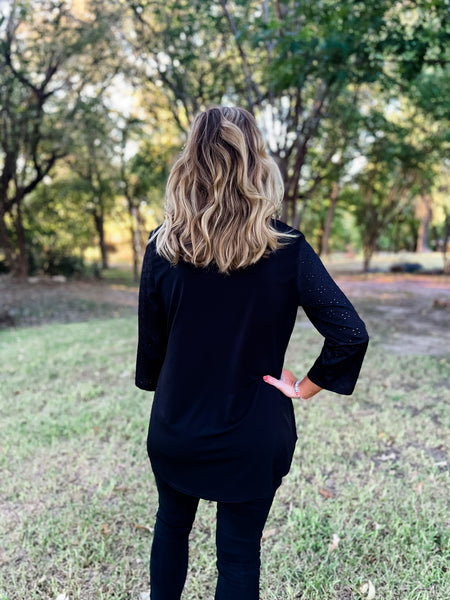 Hallie Black Eyelet Knit Sleeve Top - Ribbons and Spice Boutique