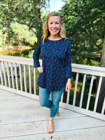 Navy Triangle Print Bell Sleeve Top - Ribbons and Spice Boutique