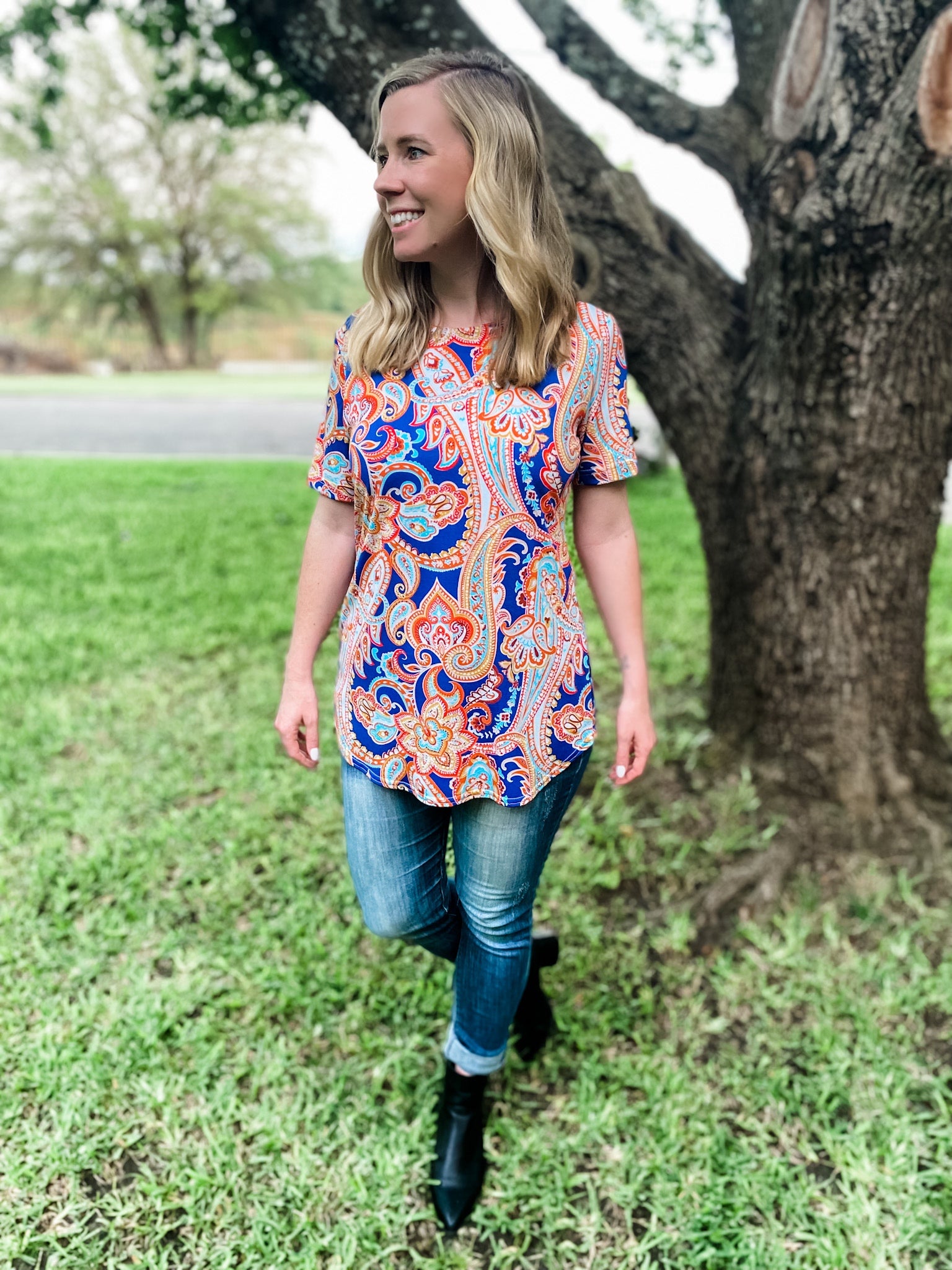 Priscilla Blue and Orange Paisley Short Sleeve Top - Ribbons and Spice Boutique