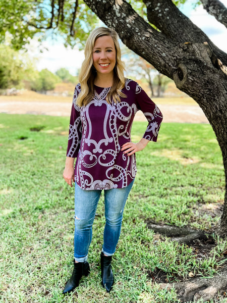 Natalie Plum and White Paisley Top - Ribbons and Spice Boutique